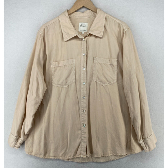 SERRA RETREAT Top Women 1X Lyocell Utility Shirt Button Front Long Sleeve Beige - Picture 1 of 13
